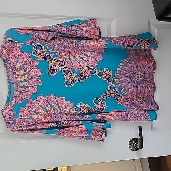 PINK & Teal Paisley Tunic Top with Bell Sleeves & Pockets Size Small - Picture 3 of 7